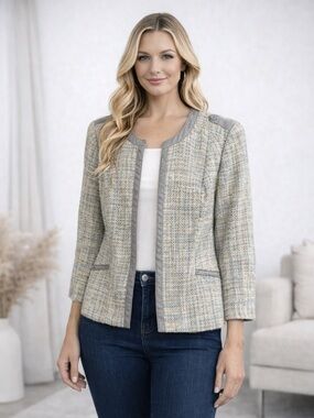 Liz Claiborne Tweed Jacket Blazer XL Neutral Open Front Textured Career Chick